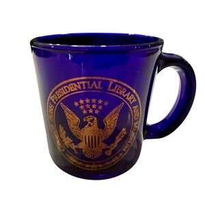 Vintage George Bush Presidential Library Museum Cobalt Blue Glass Mug Seal‎ USA